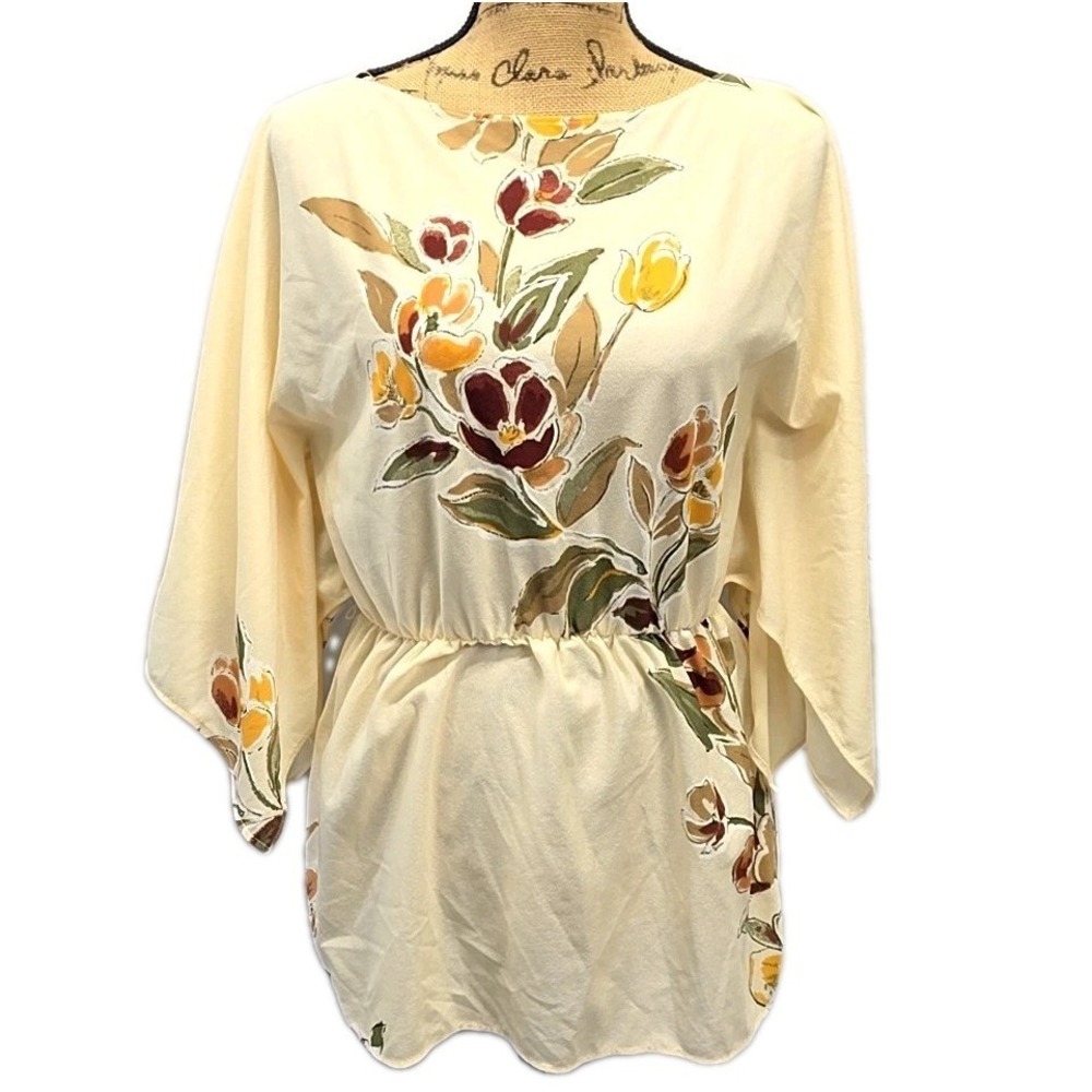 Vintage Terry sz 12 Cream Floral Boho Kimono Sleeve Tunic Cottagecore Romantic